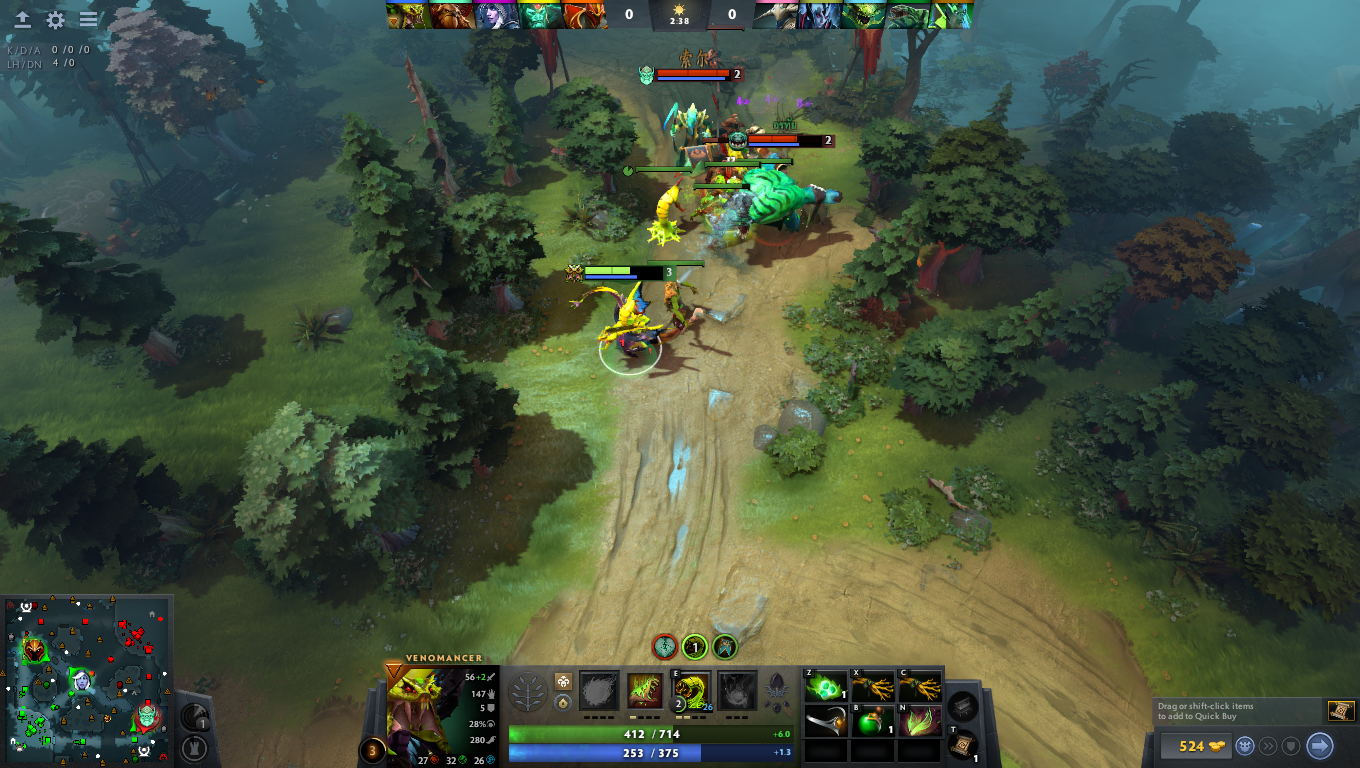 The early laning phase relatively quiet. The game has no stutter even with trees, creeps and bots on screen