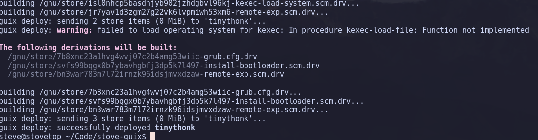 First successful Guix deploy. We can now repeatedly iterate a new system by deploying each time we want to try a new generation.