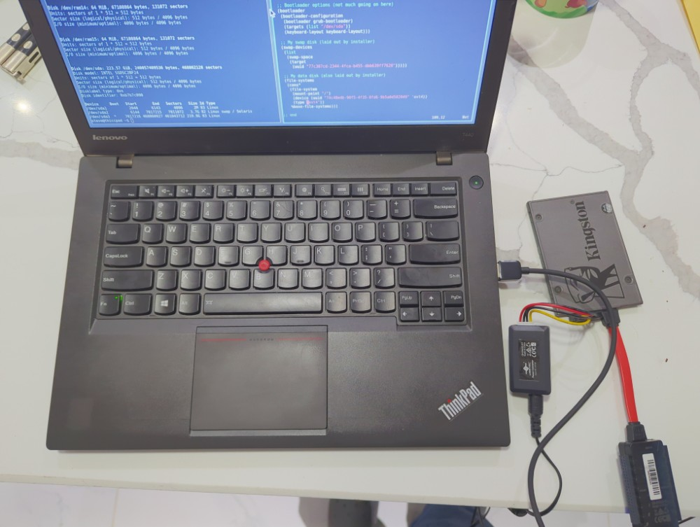 Using the Thinkpad to write a Guix system to the SSD. Not quite my desktop per se, but this is the best visual I have for what I'm doing.