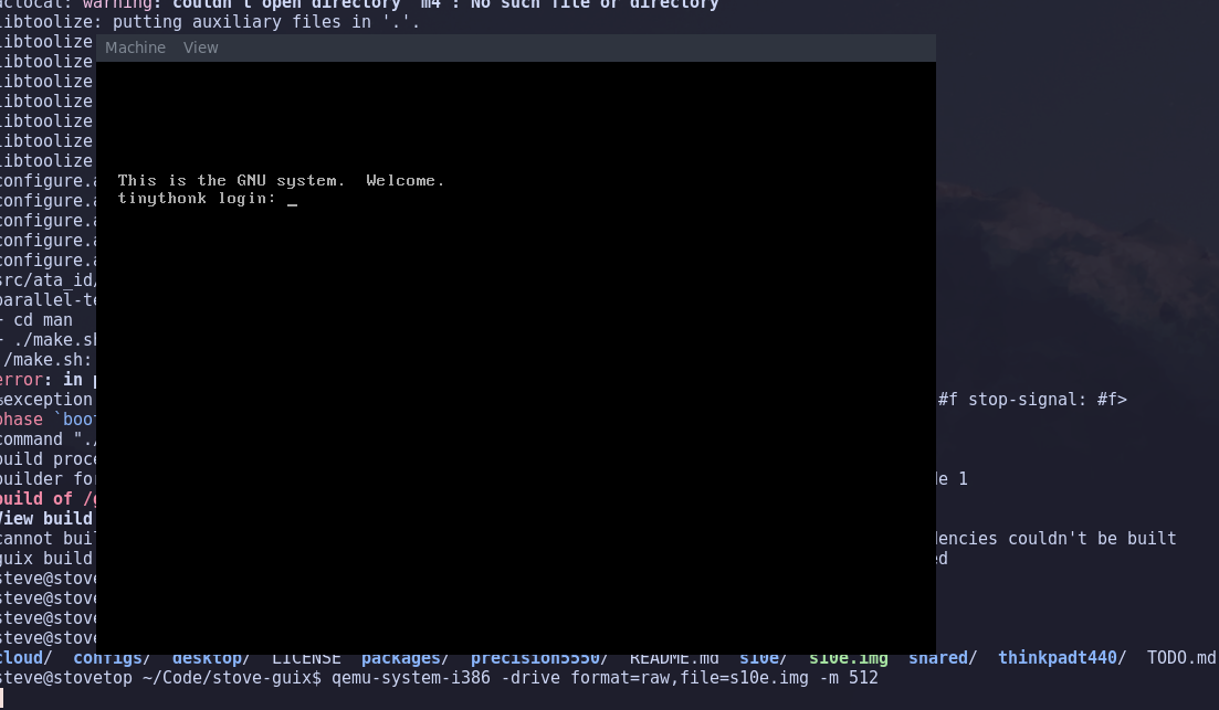 Booting Guix into a QEMU session. From here you can test manual login with a password, or port forward the virtual ports to a real network interface and use SSH to connect to it.